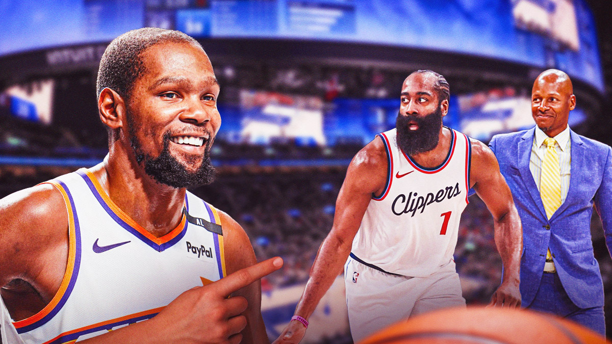 Image of Suns Kevin Durant looking happy and pointing next to image of Clippers James Harden looking hyped next to image of Ray Allen.