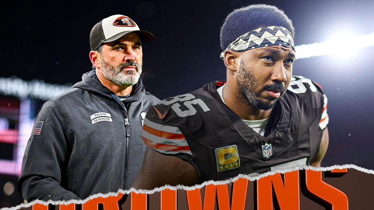 Browns coach Kevin Stefanski with big cartoon eyes looking at Myles Garrett in a Cleveland Browns uniform as Stefanski thinks Garrett deserves the DPOTY award over tj watt.