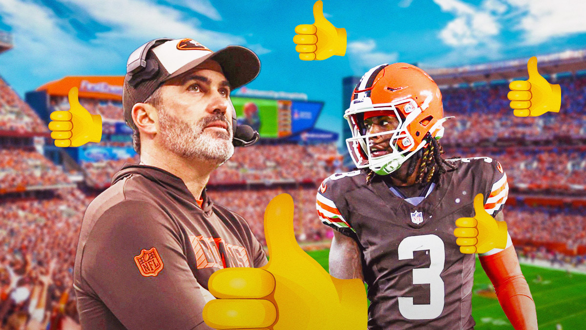 Browns coach Kevin Stefanski and Jerry Jeudy in a Cleveland Browns uniform with little thumbs up as the offense has improved since winston took over in week 8.