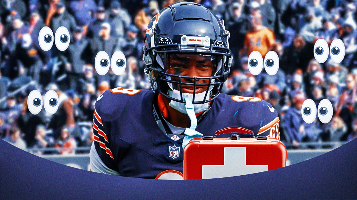 Jaquan Brisker on one side with an injury kit in front of him, a bunch of Chicago Bears fans on the other side with the big eyes emoji over their faces