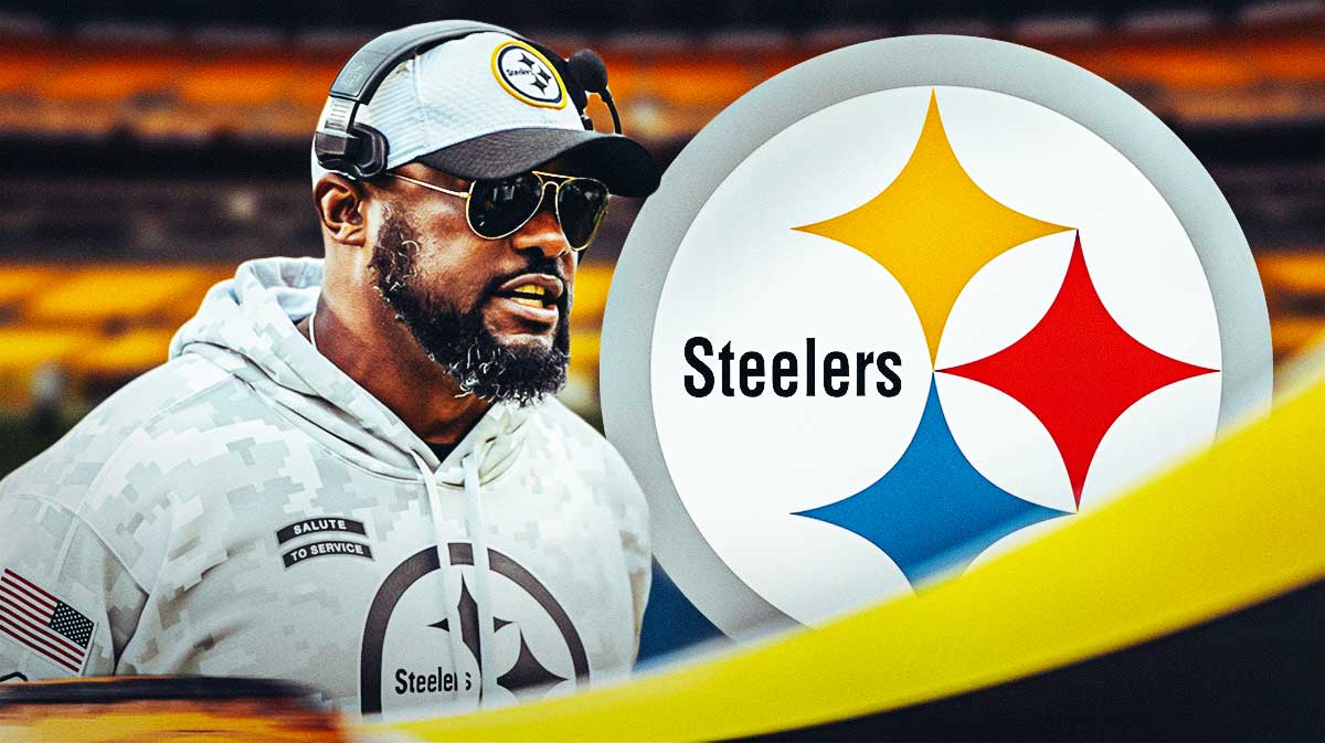 Mike Tomlin looking upset next to a Steelers logo