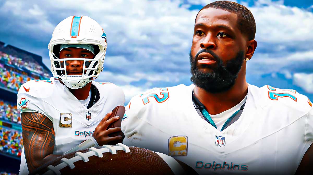 Dolphins Terron Armstead next to Dolphins Tua Tagovailoa throwing a football