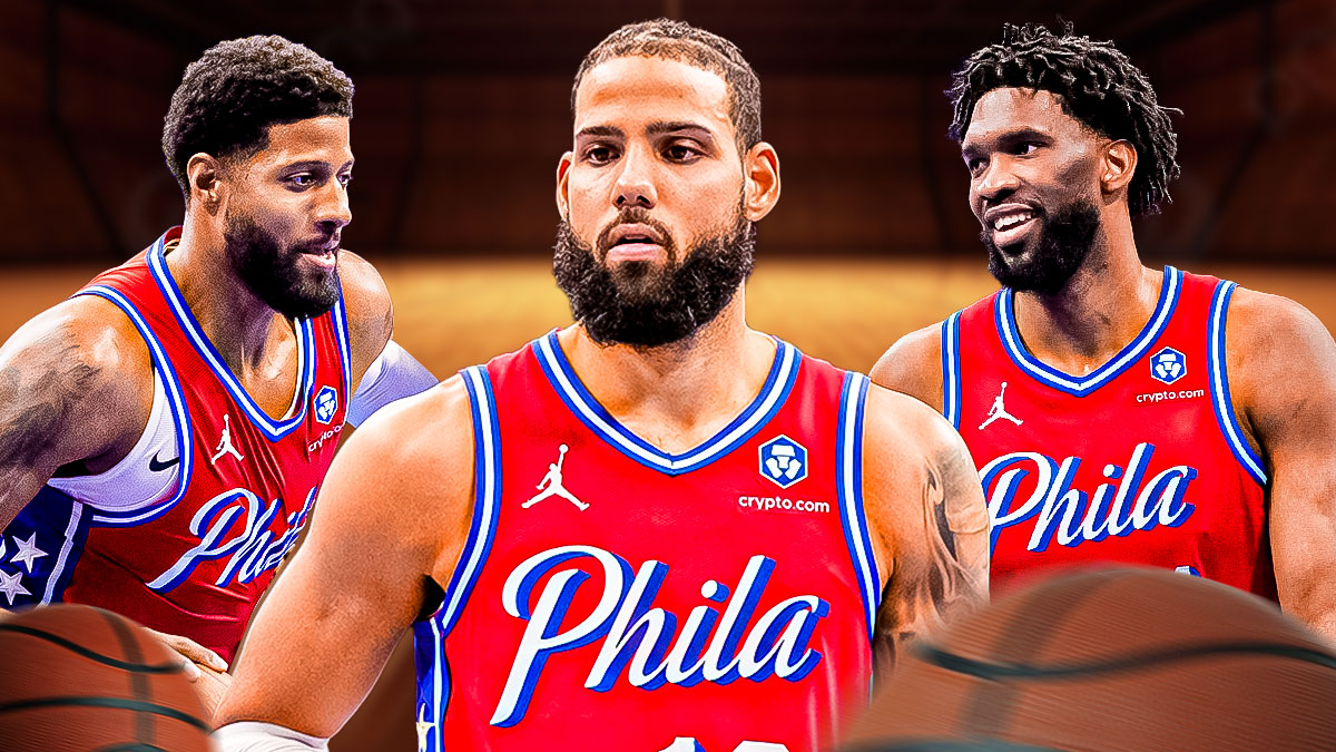 76ers' Paul George, Caleb Martin and Joel Embiid