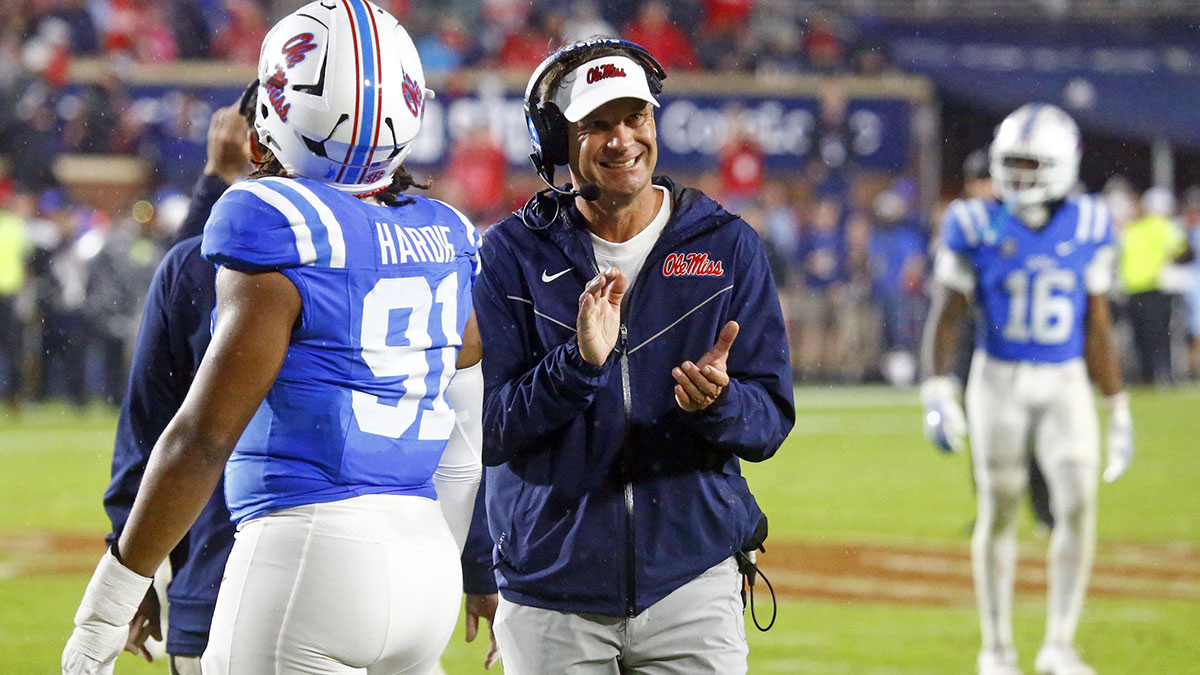 Mississippi Rebels head coach Lane Kiffin reacts near the end of the game during the second half against the Georgia Bulldogs at Vaught-Hemingway Stadium.