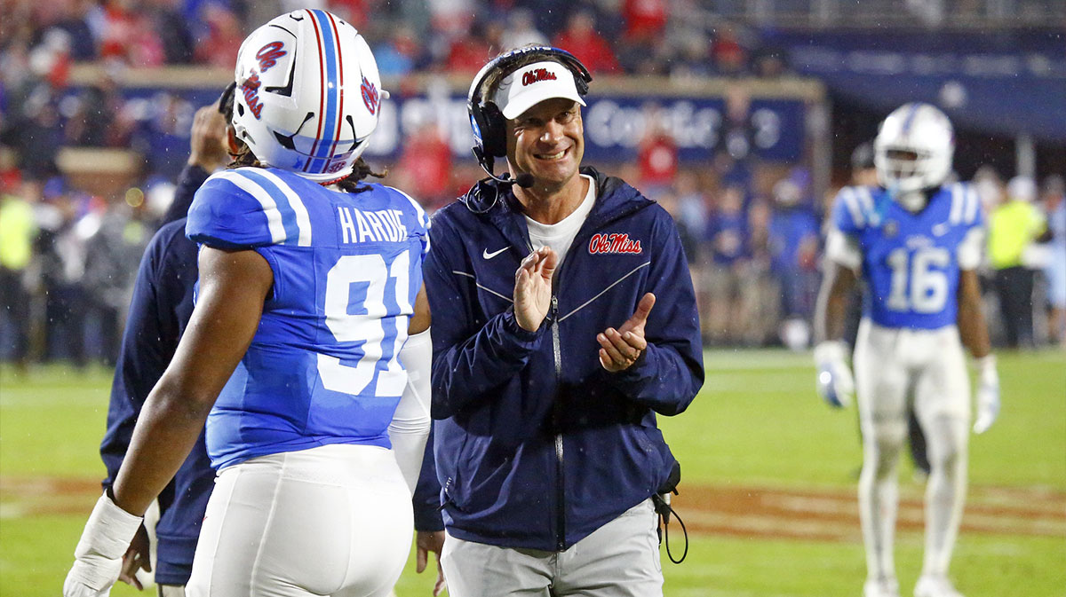 Mississippi Rebels head coach Lane Kiffin reacts near the end of the game during the second half against the Georgia Bulldogs at Vaught-Hemingway Stadium.