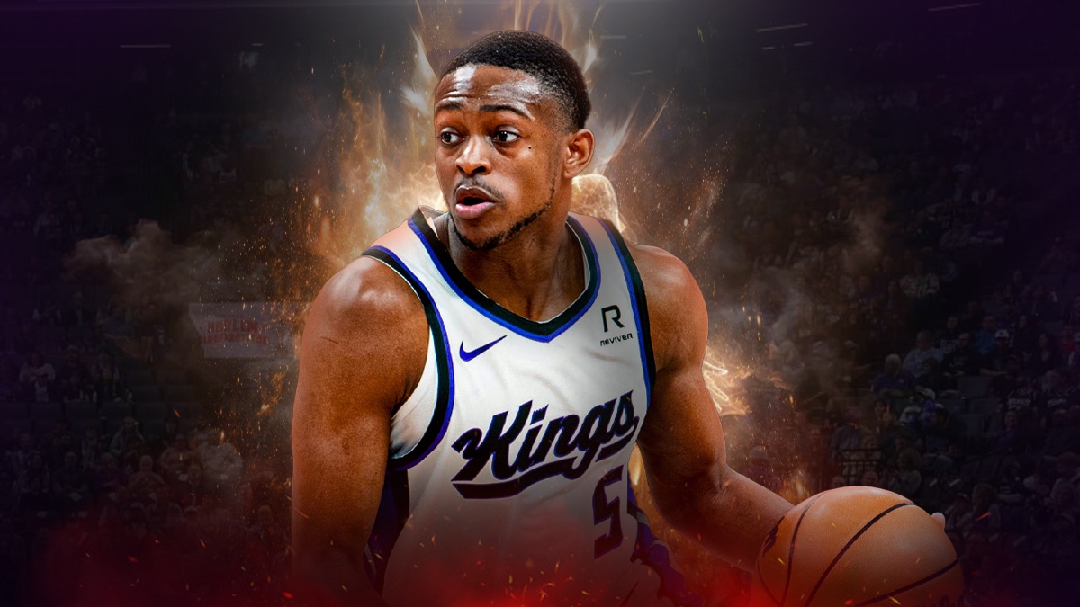 Kings' De'Aaron Fox with flames all around him