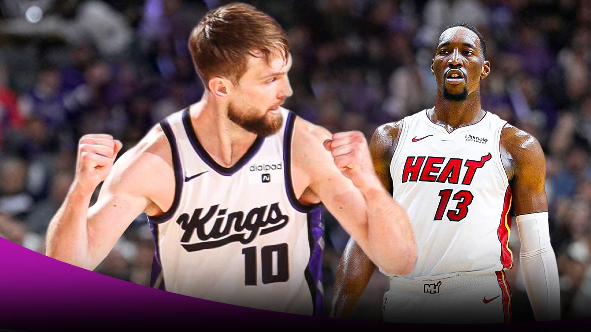 Kings' Domantas Sabonis hyped up, with Heat's Bam Adebayo looking sad beside him