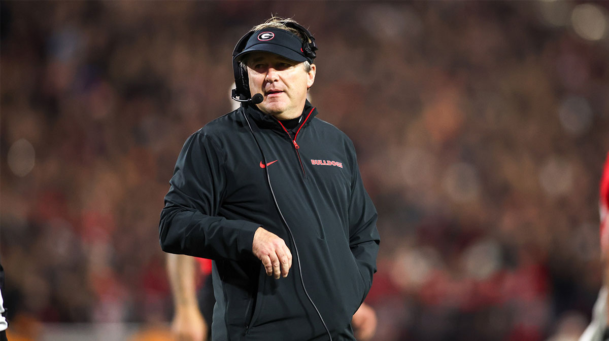 Georgia Bulldogs head coach Kirby Smart on the sideline against the Tennessee Volunteers in the second quarter at Sanford Stadium.