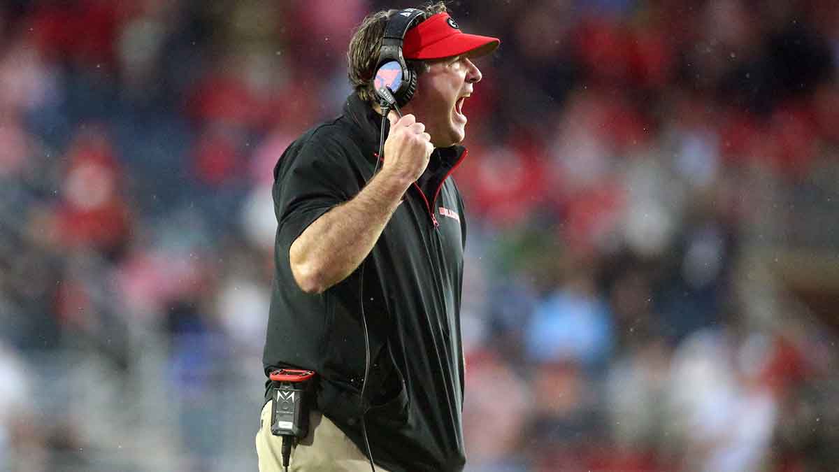 Georgia Bulldogs head coach Kirby Smart reacts during the second half against the Mississippi Rebels at Vaught-Hemingway Stadium.