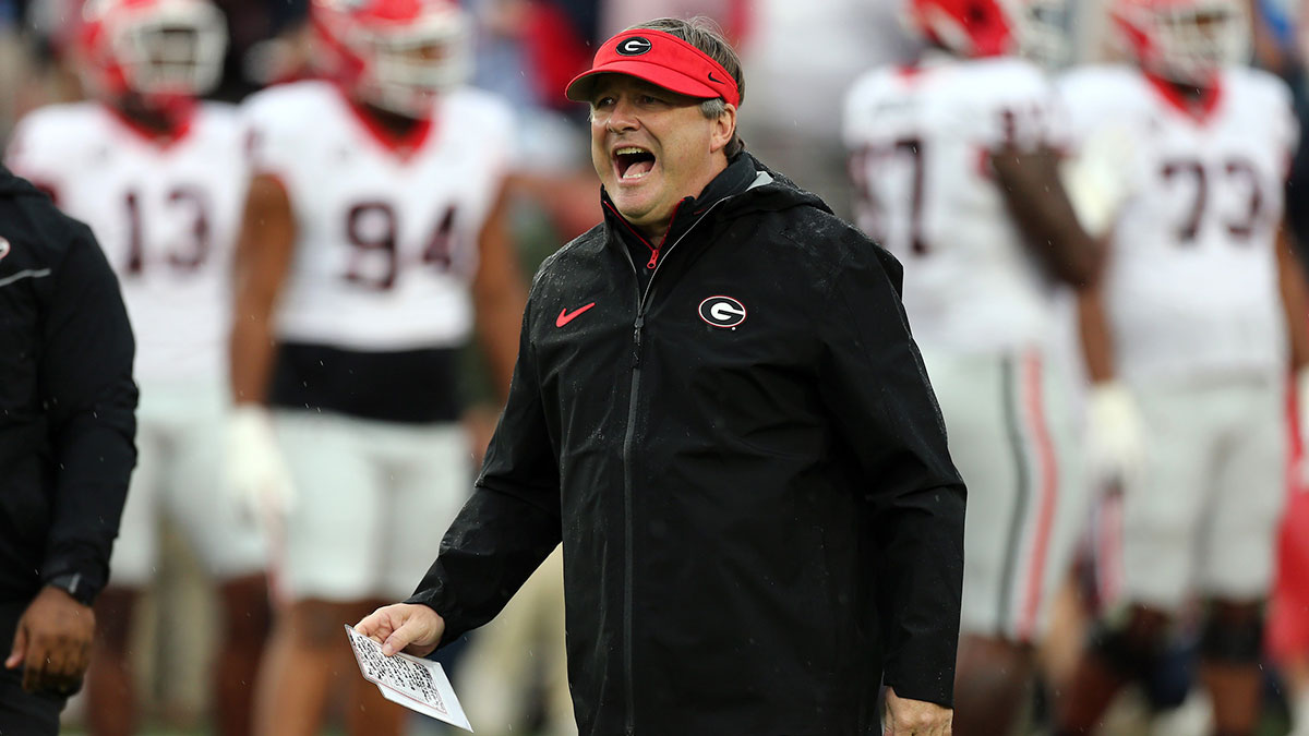 Georgia Bulldogs head coach Kirby Smart reacts during warm ups prior to the game against the Mississippi Rebels at Vaught-Hemingway Stadium.