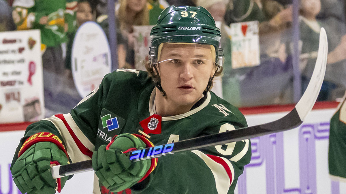 Minnesota Wild forward Kirill Kaprizov (97) shoots a puck during warm up before a game against the Winnipeg Jets at Xcel Energy Center.
