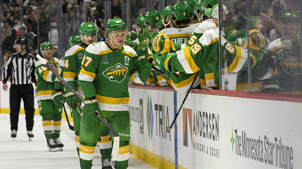 Minnesota Wild forward Kirill Kaprizov (97) celebrates his empty net goal against the Tampa Bay Lightning during the third period at Xcel Energy Center.