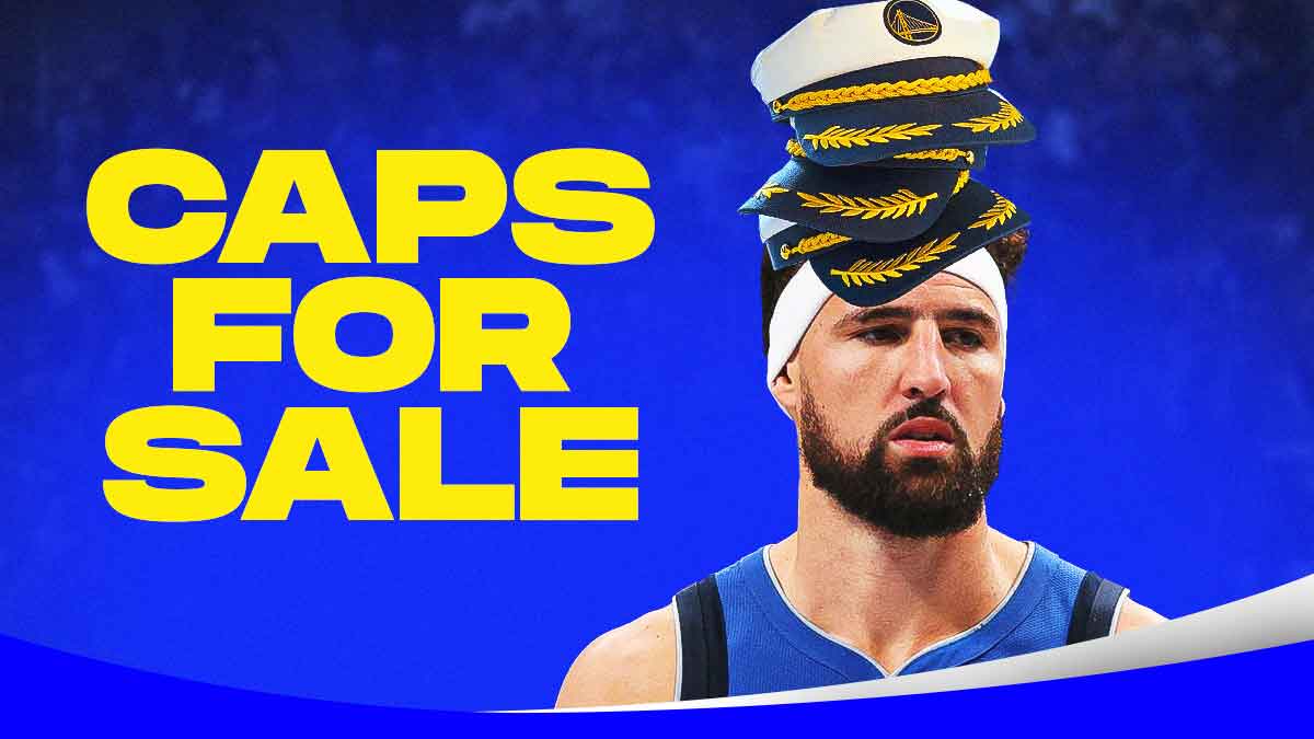 Klay Thompson wearing a stack of captain hats with the caption 'CAPS FOR SALE'
