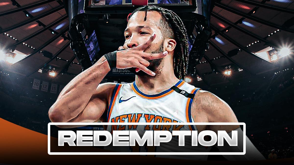 Knicks' Jalen Brunson hyped up, with caption below: REDEMPTION