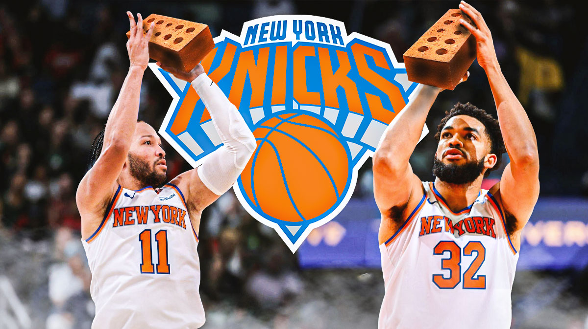 Knicks center Karl-Anthony Towns and Knicks guard Jalen Brunson shooting a brick with the Knicks logo next to them