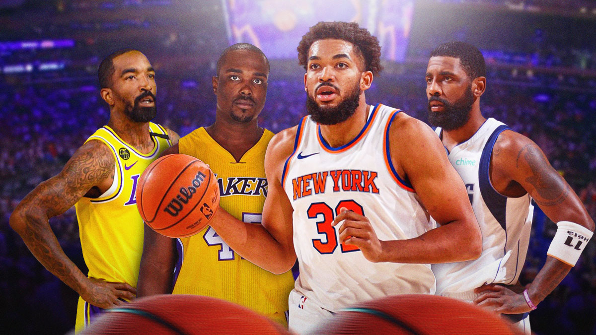 Karl-Anthony Towns action shot, in Knicks jersey. The legends behind him: Derrick Character, JR Smith, Kyrie Irving. MSG interior background