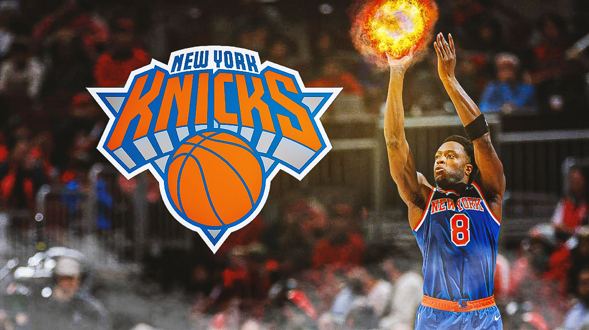 Knicks forward OG Anunoby shooting a ball of fire with the Knicks logo next to him