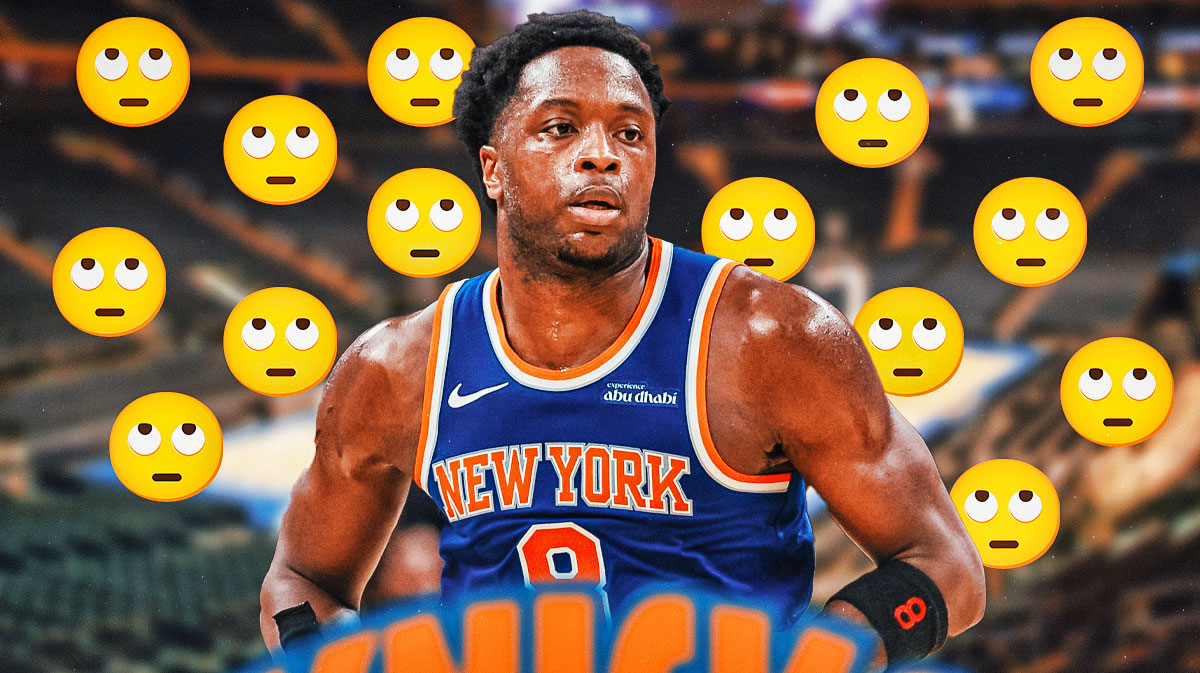 Knicks OG Anunoby with Madison Square Garden behind him and emojis around him of someone rolling their eyes