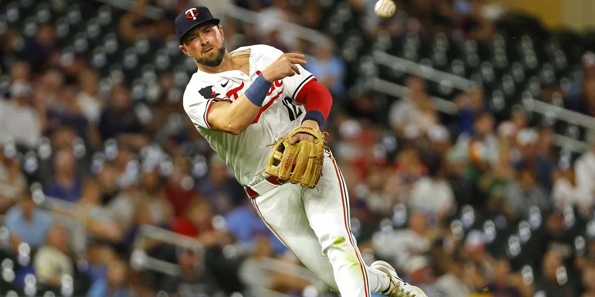 Minnesota Twins third baseman Kyle Farmer (12) throws to first during the fifth inning against the Baltimore Orioles at Target Field. 