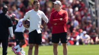 San Francisco 49ers head coach Kyle Shanahan (left) and general manager John Lynch watches the players during Training Camp at the SAP Performance Facility near Levi Stadium.