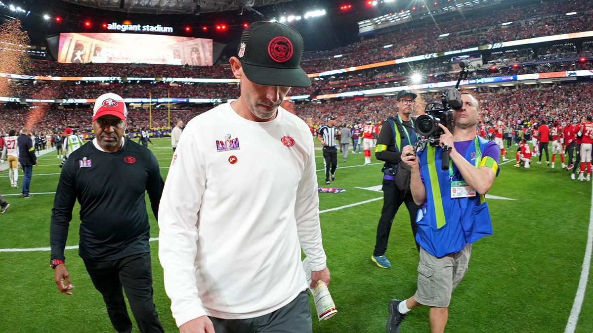 San Francisco 49ers head coach Kyle Shanahan walks off the field after losing Super Bowl LVIII to the Kansas City Chiefs at Allegiant Stadium. 