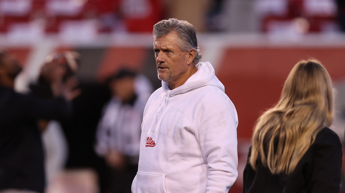 Nov 23, 2024; Salt Lake City, Utah, USA; Utah Utes head coach Kyle Whittingham watch the team warm up before the game against the Iowa State Cyclones at Rice-Eccles Stadium. Mandatory Credit: Rob Gray-Imagn Images