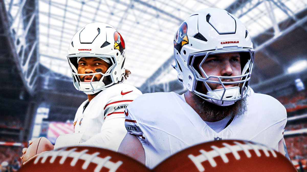 Arizona Cardinals offensive Jonah Williams, and Kyler Murray next to him with hearts over his eyes.