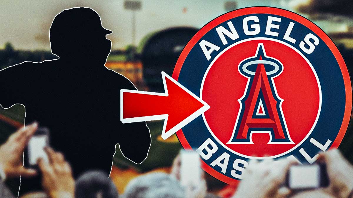 Silhouette of Travis D'Arnaud. Arrow pointing from Silhouette to LA Angels logo