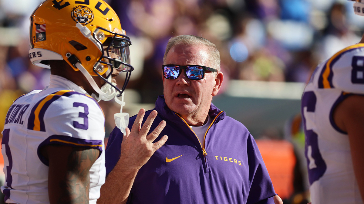 LSU Tigers head coach Brian Kelly gestures prior to the game against the Florida Gators at Ben Hill Griffin Stadium