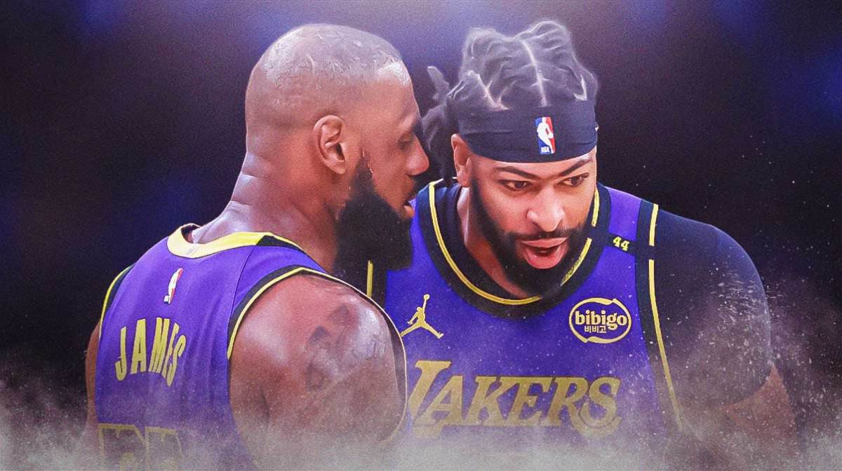 LA Lakers players LeBron James and Anthony Davis with the Lakers arena in the background, D'Angelo Russell season surprise