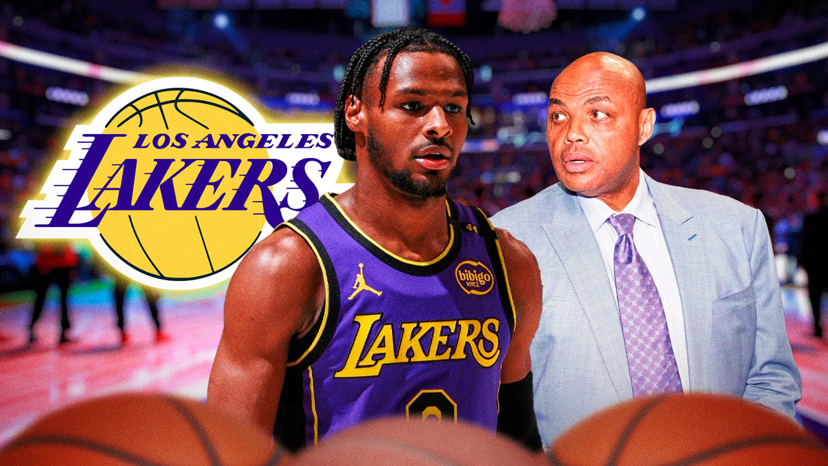 Lakers' Bronny James next to Charles Barkley with the Lakers logo in the background