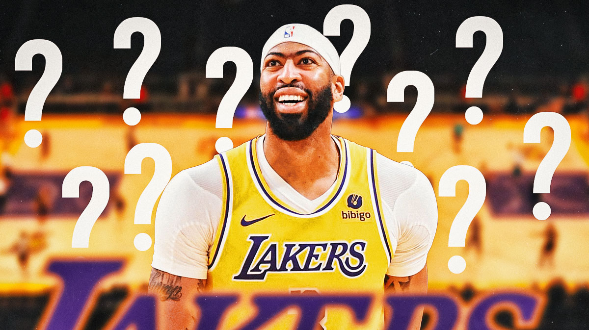 Lakers' Anthony Davis smiling, with question marks all over