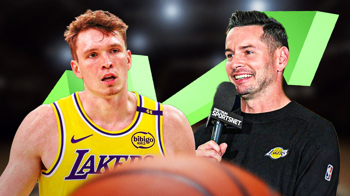 Lakers' JJ Redick smiling, with Dalton Knecht hyped up, stock up logo beside Knecht