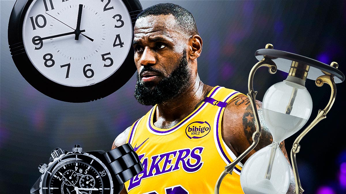 Lakers' LeBron James with hourglasses, clocks, and watches all over him