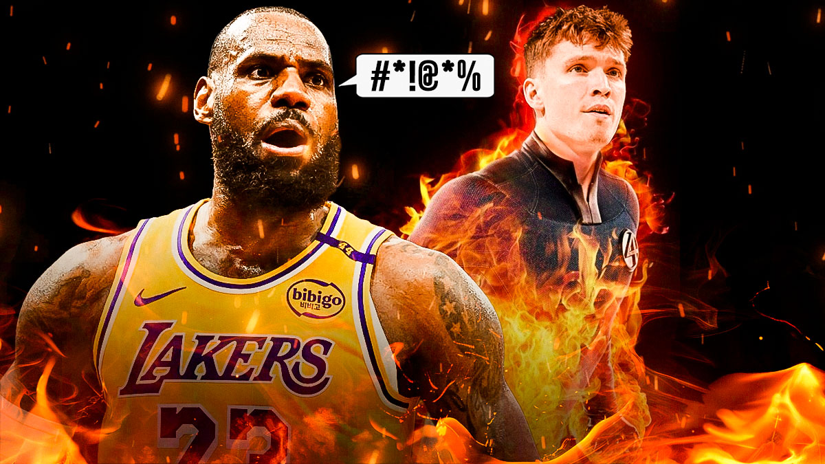 Lakers' LeBron James angry, with speech bubble containing grawlix on him; beside him is Dalton Knecht as the Human Torch