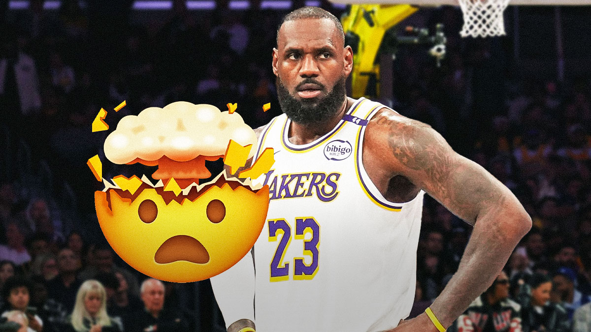 LeBron James next to the mind-blown emoji in front of a Lakers motif.