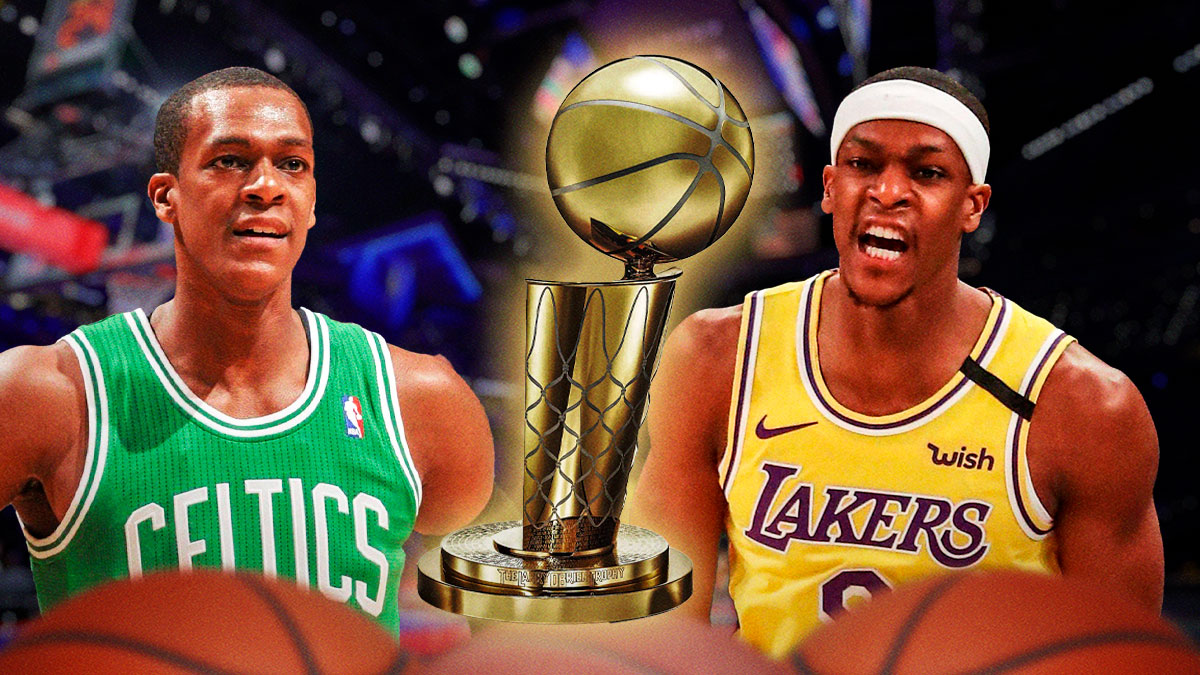 Rajon Rondo in a Lakers jersey and a Celtics jersey with an NBA championship trophy in the middle.