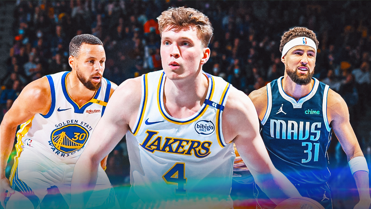 LA Lakers player Dalton Knecht in the middle. Have Golden State Warriors player Stephen Curry on one side of him. Have Dallas Mavericks player Klay Thompson on the other side of him, JJ Redick