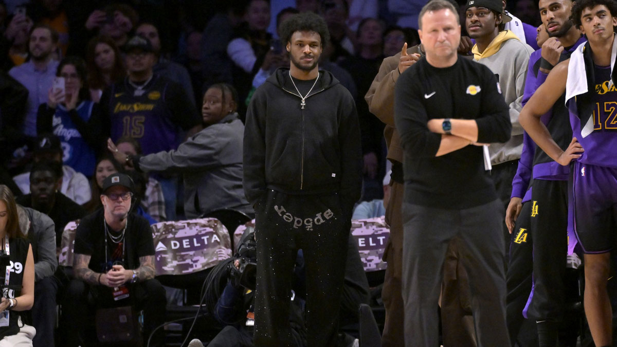 Lakers guard Bronny James (9) looks on during the second half against the Orlando Magic in the second half at Crypto.com Arena.