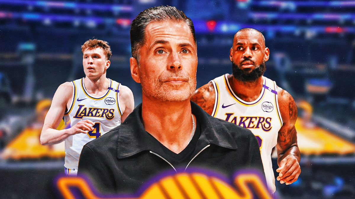 Lakers GM Rob Pelinka with LeBron James (smaller) over one shoulder and Dalton Knecht (smaller) over the other shoulder.