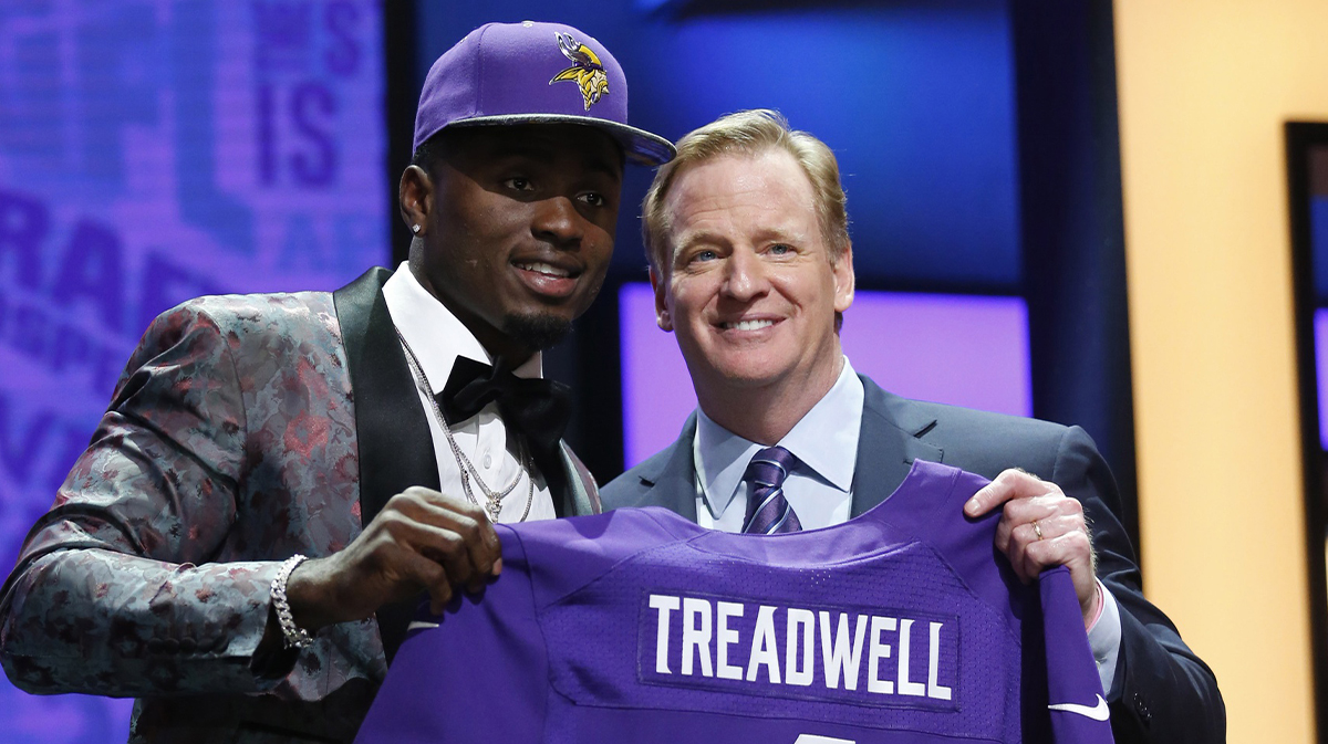 Colts wide receiver Laquon Treadwell (Mississippi) with NFL Commissioner Roger Goodell after being selected number 23 by the Minnesota Vikings in the first round of the 2016 NFL Draft at the Auditorium Theater. 