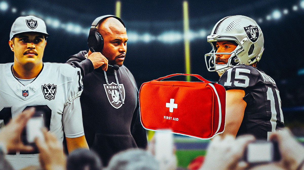 Aidan O'Connell and Antonio Pierce on one side, Gardner Minshew on the other side with an injury kit in front of him