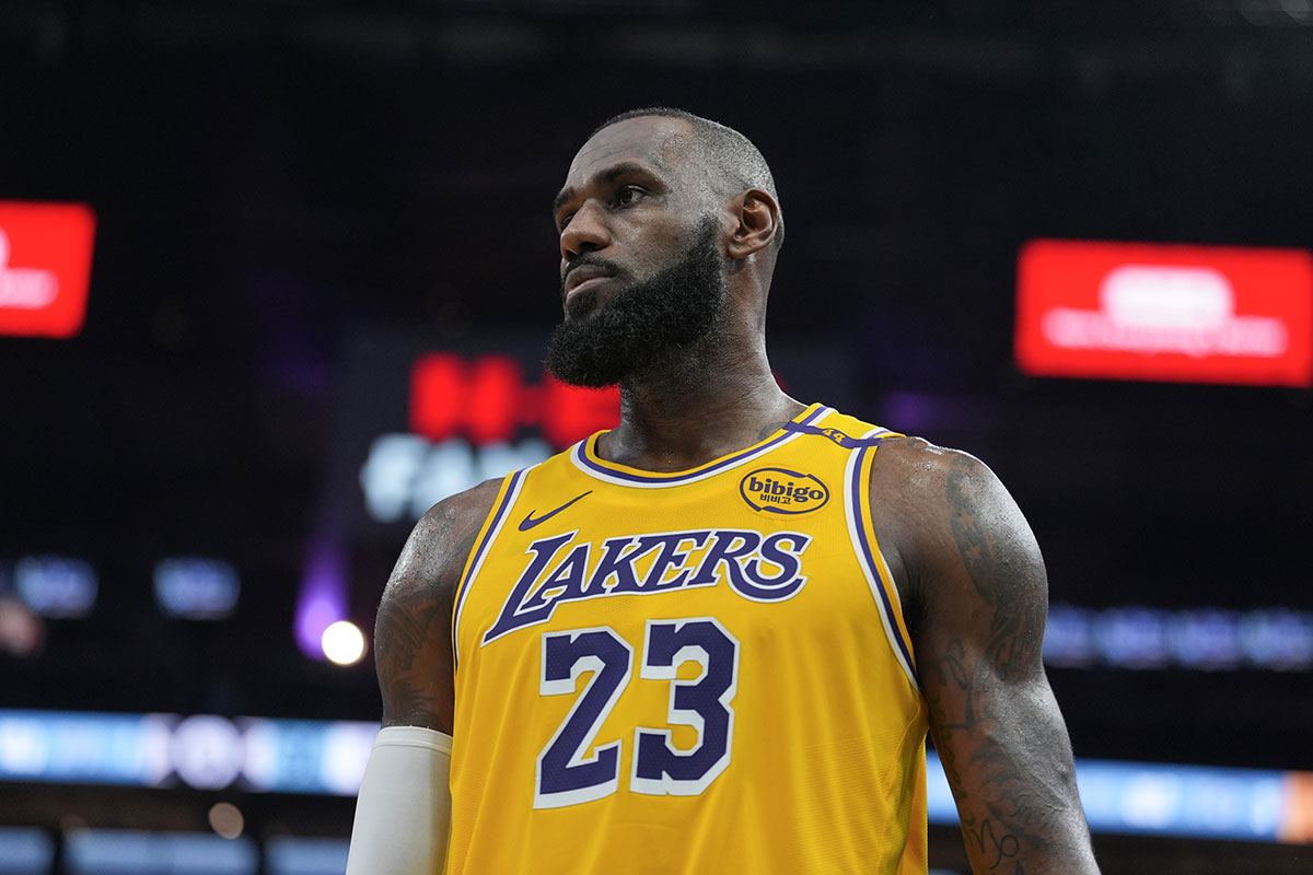 Los Angeles Lakers forward LeBron James (23) looks over in the second half against the San Antonio Spurs at Frost Bank Center.