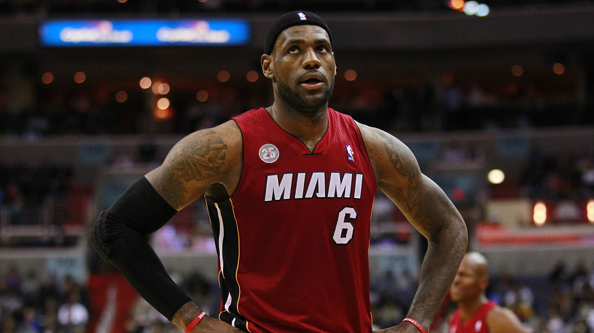 Miami Heat small forward LeBron James (6) looks up at the scoreboard against the Washington Wizards in the fourth quarter at Verizon Center. The Wizards won 105-101.