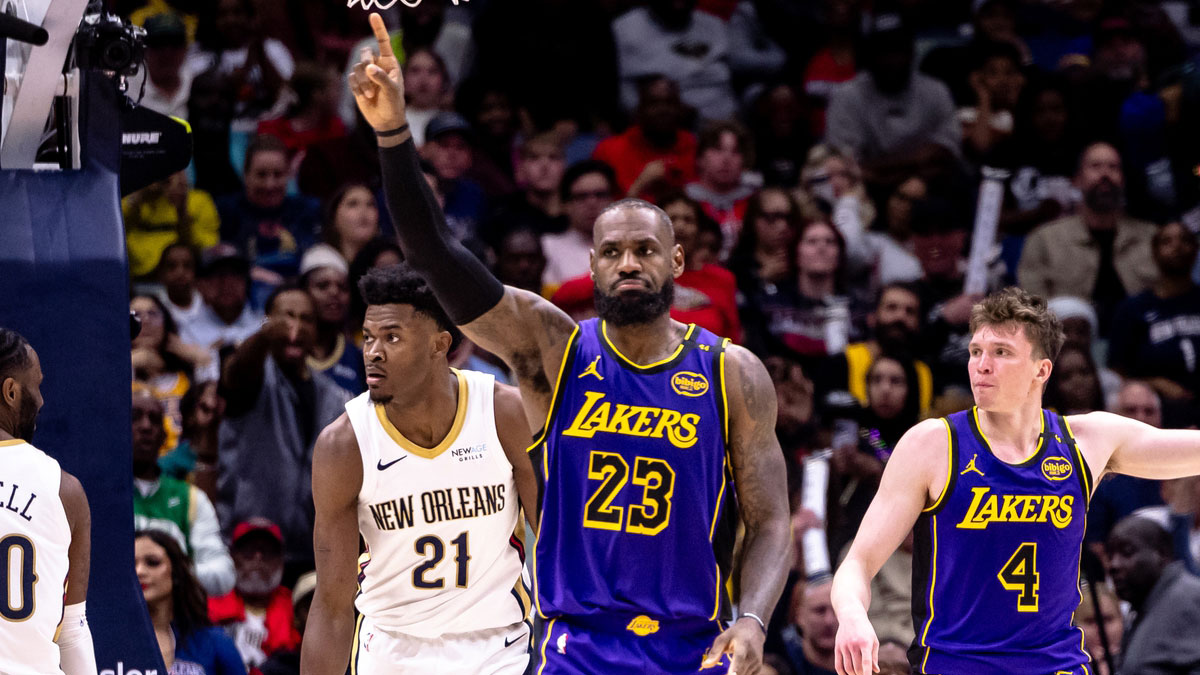 Nov 16, 2024; New Orleans, Louisiana, USA; Los Angeles Lakers forward LeBron James (23) signals no basket against the New Orleans Pelicans during the second half at Smoothie King Center.