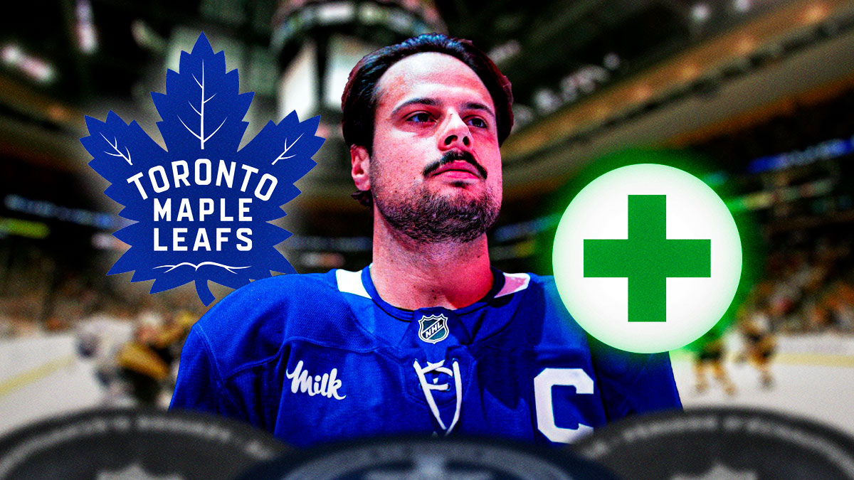 Toronto Maple Leafs center Auston Matthews with a green injury symbol. There is also a logo for the Toronto Maple Leafs.