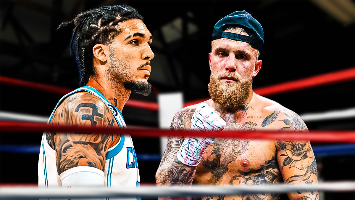 LiAngelo Ball looking at Jake Paul Boxing ring in the background.
