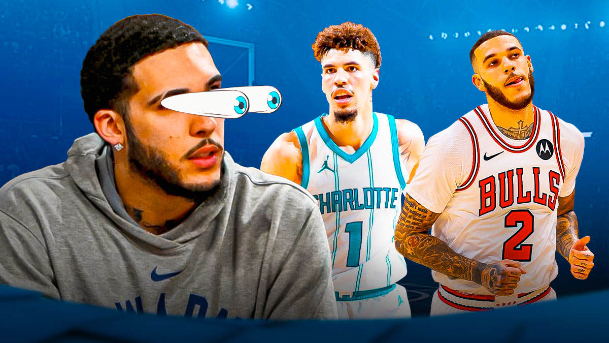 LiAngelo Ball in normal clothes with eyes popping out watching Hornets LaMelo Ball shooting a basketball and Bulls Lonzo Ball dribbling a basketball.