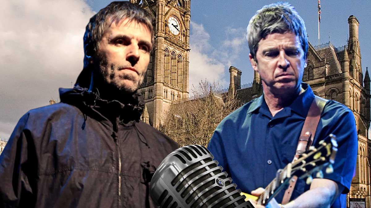 Liam and Noel Gallagher of Oasis ahead of their reunion with Manchester, England, background.