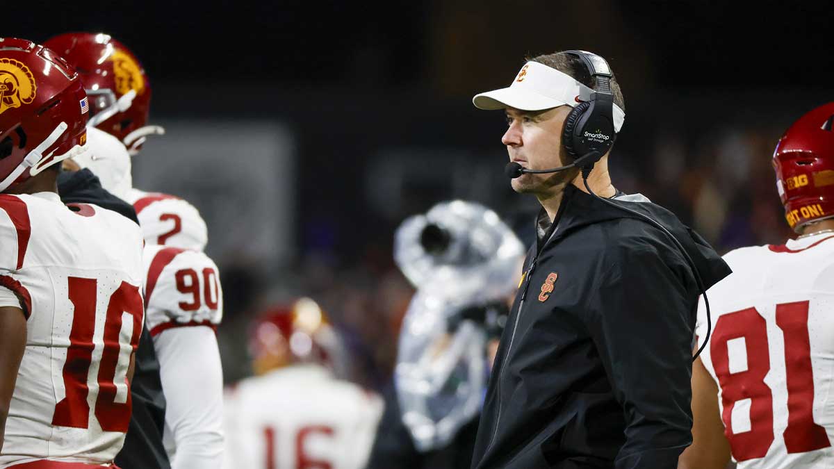 Nov 2, 2024; Seattle, Washington, USA; USC Trojans head coach Lincoln Riley stands on the sideline during the fourth quarter against the Washington Huskies at Alaska Airlines Field at Husky Stadium.